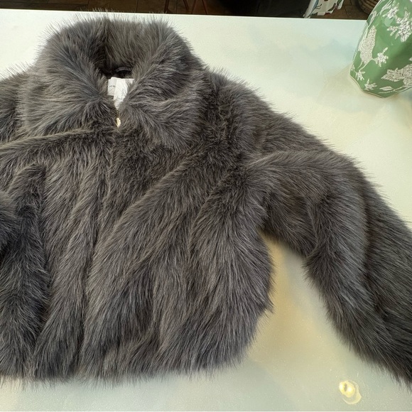 Rebecca Minkoff Gray Collar Faux Fur Jacket Gold Zip Cropped At Waist Silk Inner - Picture 3 of 15